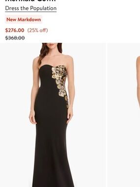 Dress the Population Black Strapless Mermaid Gown with Gold Floral Embellishment